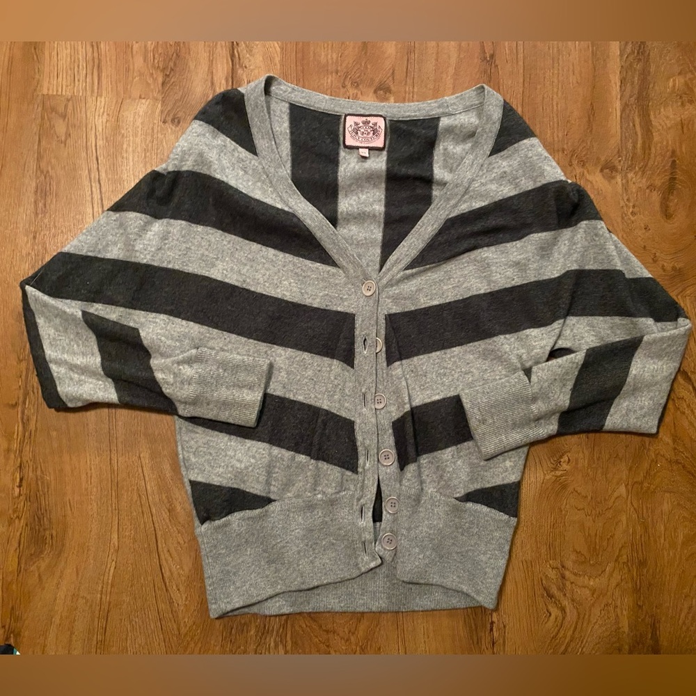 Y2K Juicy Couture Cashmere Gray/Black Chevron Button Front Cardigan Size XL